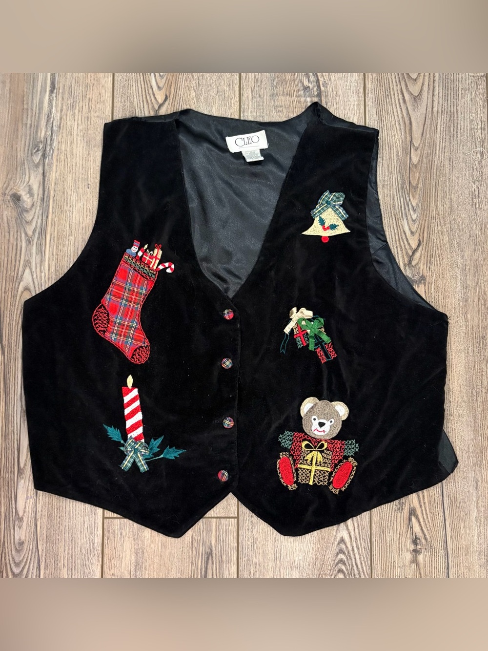 Vintage CLEO Christmas Holiday Vest Black Velvet Embroidered Teddy Bear XL